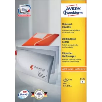 Avery 6135 baltas papīra etiķetes ar pastāvīgu līmi A4 210 x 148 mm 200 etiķetes