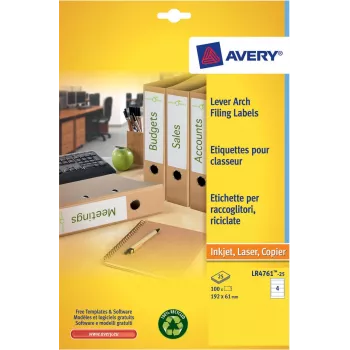 Avery LR4761-25 baltas failu etiķetes 61 x 192 mm 100 etiķetes (25 loksnes x 4)