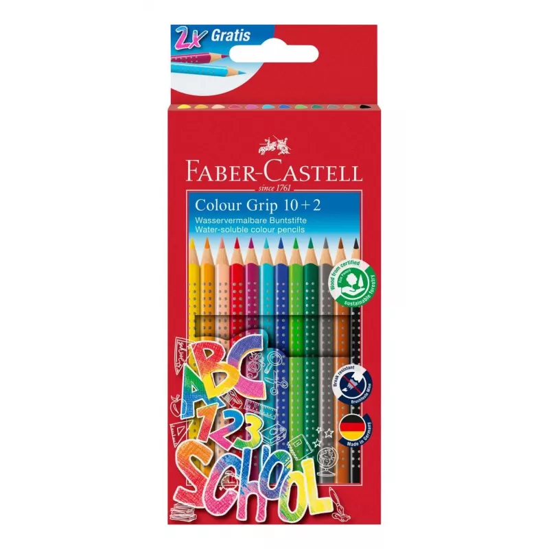 Faber-Castell Colour GRIP trīsstūrveida krāsainie zīmuļi, dažādas krāsas, 10 gabali, mīkstās saķeres zona, izturīgs pret lūšanu 3,3 mm grafīts, uz ūdens bāzes laka, promo maciņš 201585