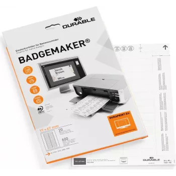 DURABLE BADGEMAKER® ieliktņu etiķetes 67 x 17 mm, baltas, 400 etiķetes, A4 loksnes, tintes un lāzerprinteriem 146102