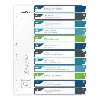 DURABLE 679627 A4+ polipropilēna tukši reģistru dalītāji, daudzkrāsu, portrets, 0,27 mm, 11 caurumu universālais perforējums