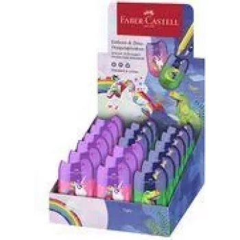 FABER-CASTELL dubultais asināmais Dino/Unicorn, displejs ar skaidu konteineru ērtai un tīrai asināšanai, 18 gabali (183551)