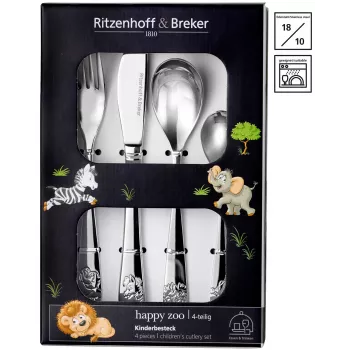 Ritzenhoff & Breker HAPPY ZOO bērnu galda piederumu komplekts, 4 daļas, nerūsējošais tērauds, dzīvnieku motīvi 812701