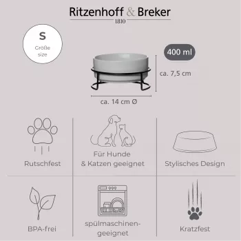 Ritzenhoff & Breker TARO mājdzīvnieku bļodu komplekts, 400 ml, pelēka keramikas bļoda kaķiem un maziem suņiem, ūdenim un barībai, 1 gabals (450514)