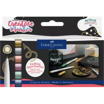 Faber-Castell Creative Marker Goldfaber Metallic Moments, 6 gabalu komplekts, ūdens bāzes tinte, bez smaržas, nesmērējas, dažādas metāliskas krāsas 161107