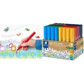 STAEDTLER Noris Jumbo 328-B KP48 flomāsteri, 48 dažādas krāsas, 3,0 mm šķiedras uzgalis, trīsstūrveida korpuss, nomazgājams tintes, ventilēts vāciņš, atkārtoti lietojams trauks