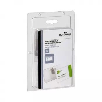 DURABLE vārda kartītes turētājs 90x54 mm ar kombinēto klipsi, caurspīdīgs, 5 gab. (861019)