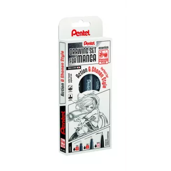 Pentel Manga Action finelineru pildspalvu komplekts, melns, 3 pildspalvas (0,05/0,2/0,8 mm) ar futrāli MNG3PCS-AC