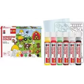Marabu KiDS Window Color Set Farm, 6 x 25 ml noņemama logu krāsa, uz ūdens bāzes, noņemama, 1 komplekts (0306000000006)