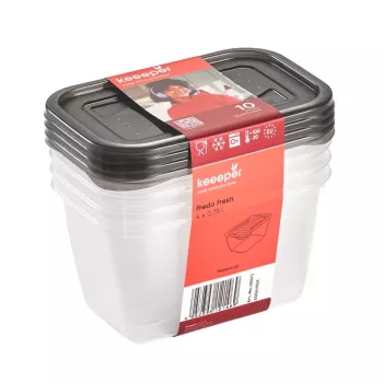 keeeper fredo fresh Pārtikas uzglabāšanas trauku komplekts, 4 x 0,75 L, Taisnstūrveida, Caurspīdīgi ar pelēkiem vākiem 3067382700000