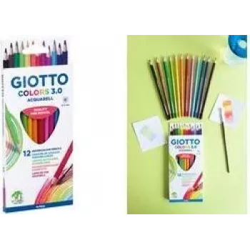 GIOTTO COLORS 3.0 ACQUARELL akvareļu zīmuļi, 12 dažādas krāsas, sešstūra formas, 3,0 mm serde, kartona iepakojums (F277100)