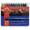 Caran d'Ache Neocolor I vaska pasteļi, 15 dažādas krāsas, apaļi, papīra ietvarā, metāla kārbā 7000.315
