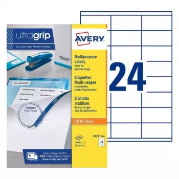 AVERY daudzfunkcionālās etiķetes 70 x 35 mm baltas Ultragrip, 2400 etiķetes (3422-100.FR)