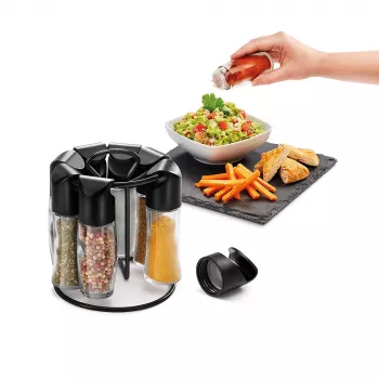 Metaltex Spice 8 rotējošs garšvielu plaukts, apaļš, melns, ar 8 tukšām stikla burciņām 252876080