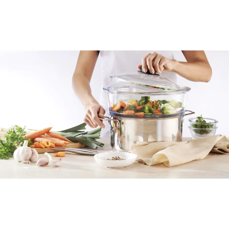 PYREX stikla vāks 24 cm, borosilikāta stikls, melns fenola rokturis, tvaika atvere, cepeškrāsnī drošs līdz 220°C