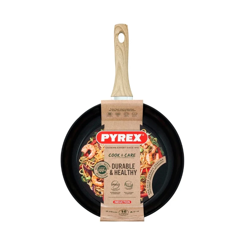 PYREX Panna Cook&Care Ø28cm panna, alumīnijs, Titanium 2X nepiedegošs, Thermo-Signal, indukcija, melna