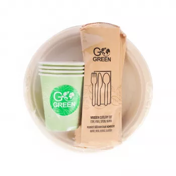 GOGREEN Kompostējams piknika trauku komplekts 4 personām, 24 daļas, uz augu bāzes, dabīgi balts