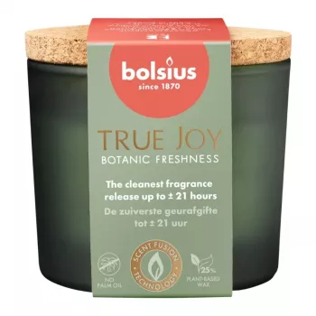 BOLSIUS True Joy smaržīga svece stikla burkā ar korķa vāku, Botāniskais svaigums, Ø66 x 83 mm