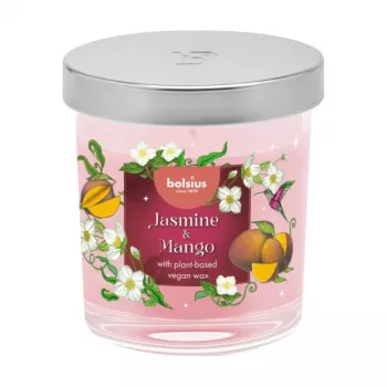 Bolsius Floral Fusion jasmīna un mango smaržojošā svece stikla traukā, 80x72 mm