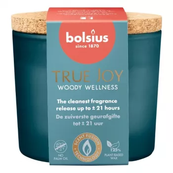 BOLSIUS True Joy smaržīgā svece stikla burkā ar korķa vāku - Woody Wellness, Ø66x83 mm