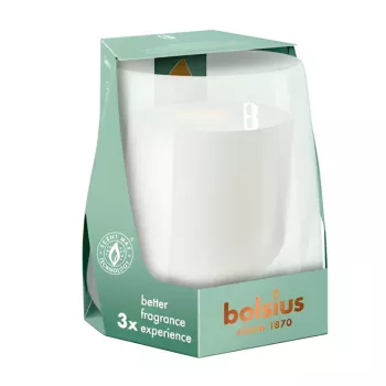 BOLSIUS Clean Light smaržīgā svece stikla traukā ar vaniļas un tonkas pupiņu aromātu Ø95x85mm