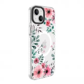 Evelatus iPhone 15 Plus caurspīdīgs MagSafe maciņš ar ziedu apdruku