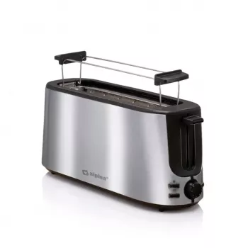ALPINA ALP-SI-47351 2 šķēļu tosters, 1000 W, sudraba nerūsējošais tērauds, 6 apbrūnināšanas pakāpes, atkausēšana, uzsildīšana, augsta pacēlāja funkcija, noņemama drupatu paplāte