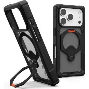 UAG Urban Armor Gear Plasma XTE 360 MagSafe ar statīvu korpuss Apple iPhone 18 Pro/17 Pro - caurspīdīgi pelēks ar melniem un oranžiem akcentiem 114573114097