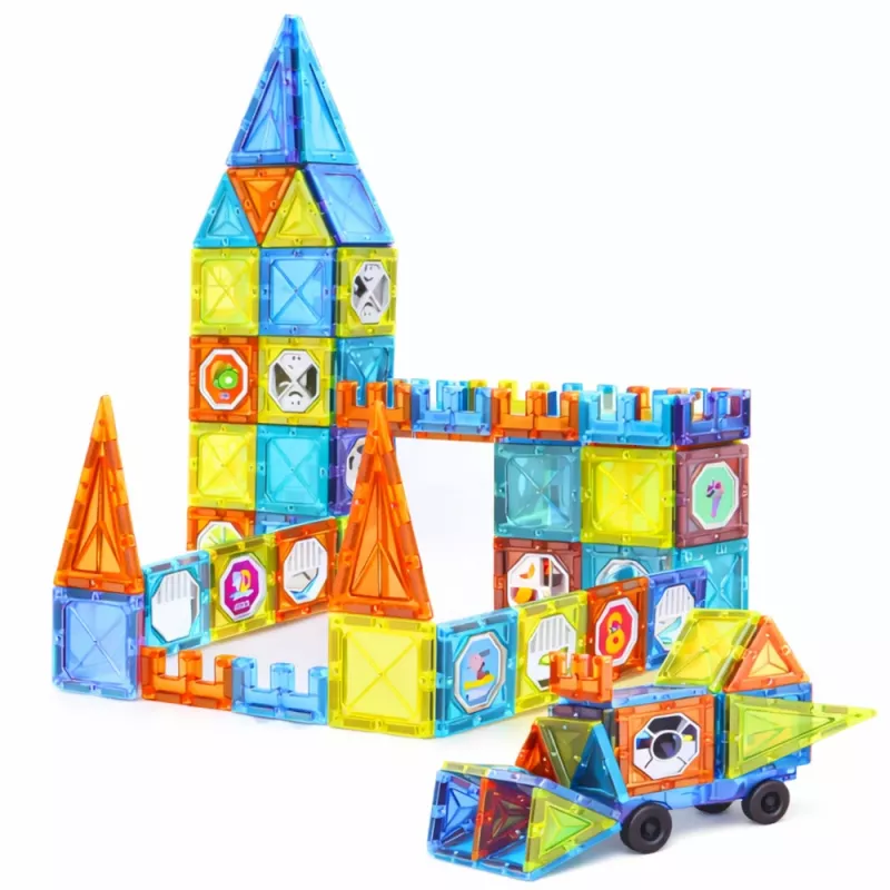 LEAN TOYS Magnētiskie izglītojošie klucīši ar logiem un 3D transportlīdzekļu uzlīmēm, 138 gab.