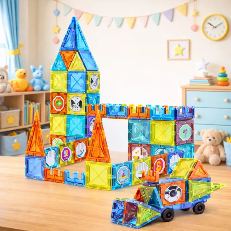 LEAN TOYS Magnētiskie izglītojošie klucīši ar logiem un 3D transportlīdzekļu uzlīmēm, 138 gab.