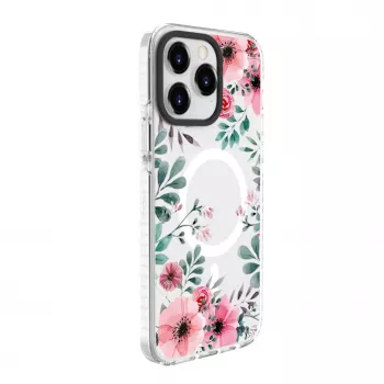 Evelatus Apple iPhone 15 Pro Max PC+TPU vāciņš ar MagSafe - caurspīdīgs ar ziedu apdruku