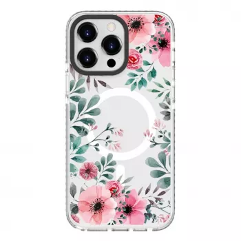 Evelatus Apple iPhone 15 Pro Max PC+TPU vāciņš ar MagSafe - caurspīdīgs ar ziedu apdruku