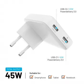 Fixed Slim 2xUSB-C ceļojumu lādētājs 65W GaN PD balts