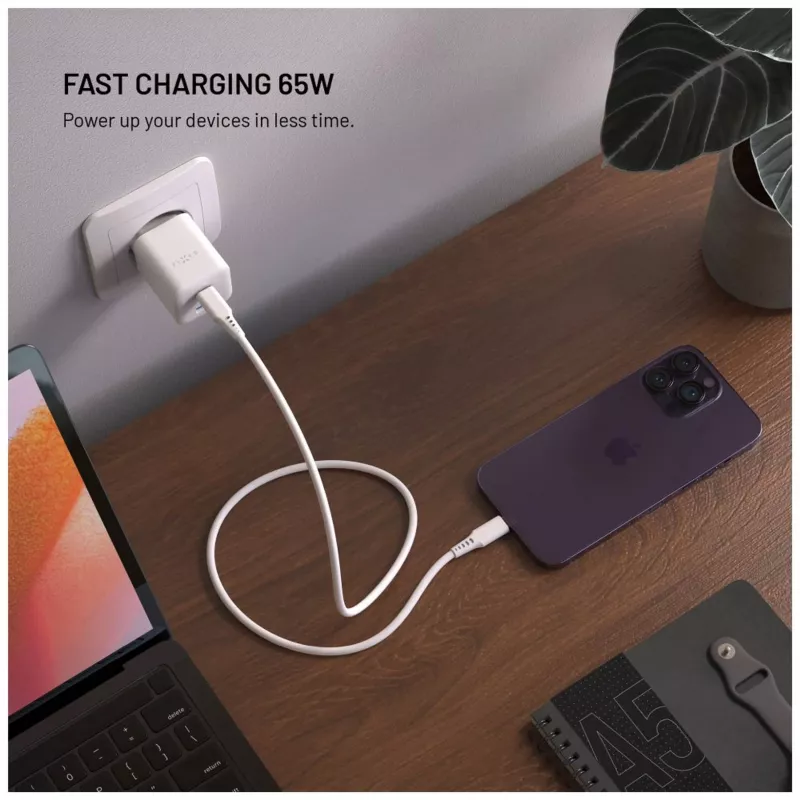 Fiksēts Mini 2x USB-C un USB GaN lādētājs 65W balts
