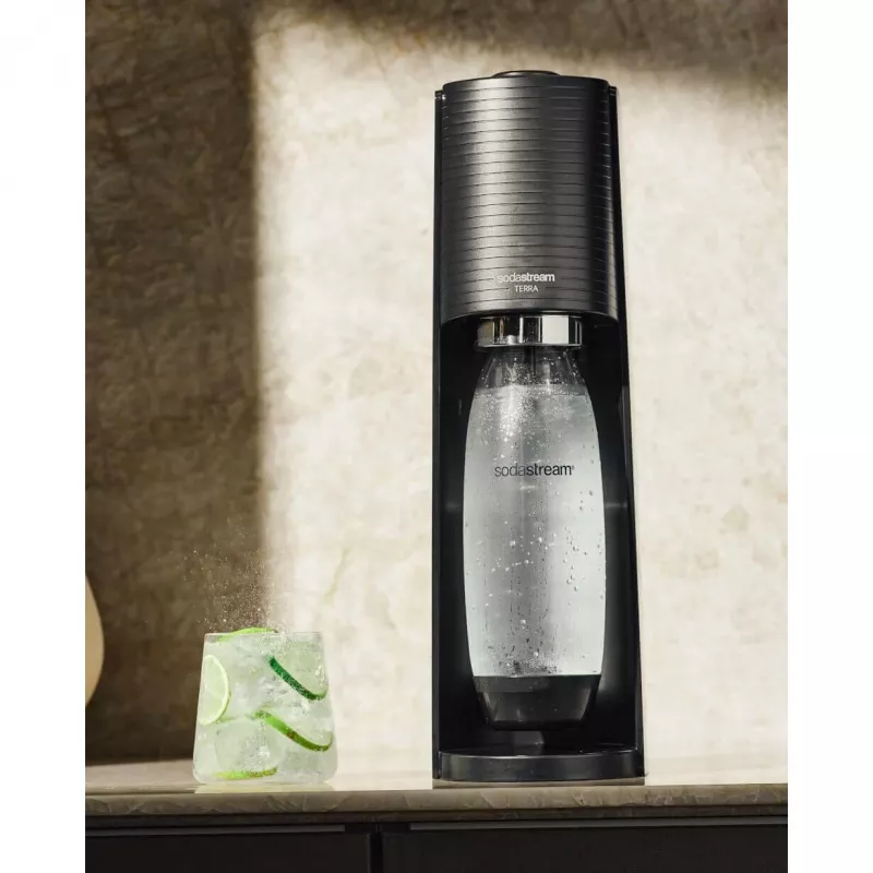 SodaStream Terra Megapack melns gāzētā ūdens pagatavotājs ar 3 pudelēm un Quick Connect CO2 balonu