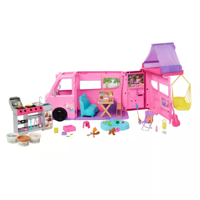 Barbie Dreamhouse Adventures leļļu kemperis ar piederumiem, pārveidojas par 7 zonu kemperi, 60+ piederumi, rozā