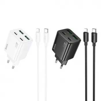 HOCO 30W 4 portu USB sienas lādētājs ar USB-C uz Lightning kabeli - balts