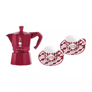 Bialetti Candyland Moka Express 3TZ manuālā kafijas gatavotāja komplekts, 150 ml, sarkans + 2 krūzes