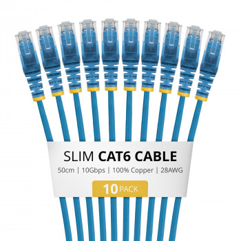 StarTech.com N6PAT50CMBLS10PK Slim Cat6 savienojuma kabelis, RJ45, 0,5 m, zils, 10 gab.