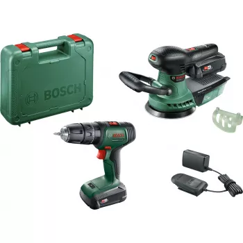 Bosch DIY komplekts UniversalImpact 18V + AdvancedOrbit 18V, 2x 2.0Ah Li-Ion akumulators, bezvadu triecienurbjmašīna-urbis + bezvadu ekscentriskā slīpmašīna, zaļš (06039D410A)