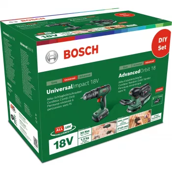 Bosch DIY komplekts UniversalImpact 18V + AdvancedOrbit 18V, 2x 2.0Ah Li-Ion akumulators, bezvadu triecienurbjmašīna-urbis + bezvadu ekscentriskā slīpmašīna, zaļš (06039D410A)