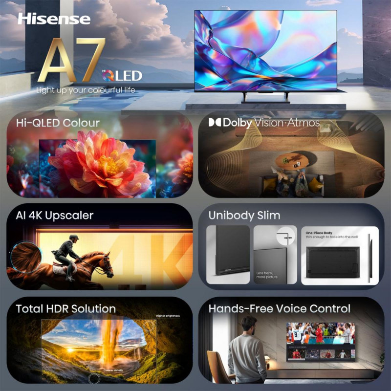 Hisense 50A7S 50 inch QLED 4K VidaaOS 60Hz Dolby Vision IQ 2026 televizors