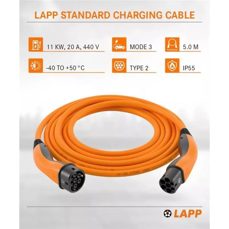 LAPP MOBILITY uzlādes kabelis Type 2, līdz 11 kW, 5 m, oranžs (61785)