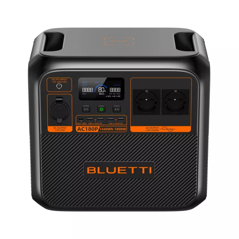 Bluetti AC180P pārnēsājamā elektrostacija, LiFePO4, 36000 mAh, 1800 W, 16 kg