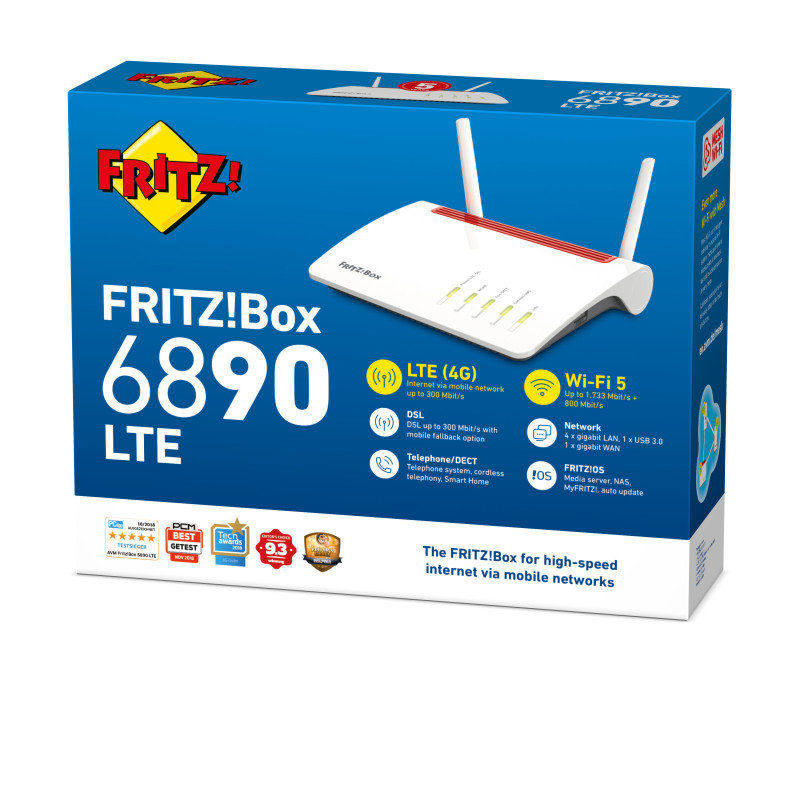 AVM FRITZ!Box 6890 LTE bezvadu maršrutētājs, DSL/WWAN, 4 portu GigE komutators, 802.11a/b/g/n/ac divjoslu, VoIP tālruņa adapteris (DECT)