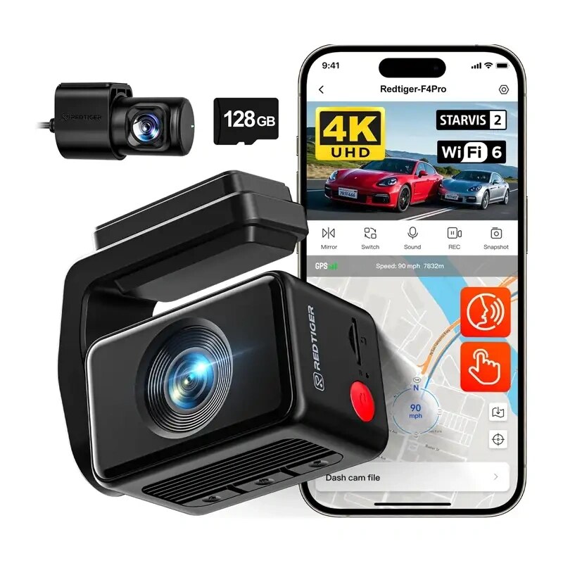 REDTIGER F4 Pro WiFi 4K + 1080p 128GB automašīnas videoreģistrators
