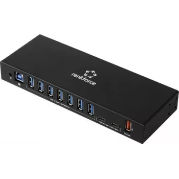 Renkforce RF-7403762 USB centrmezgls 10 portu USB-A, USB-C® USB 3.2 Gen1 5 GBit/s rūpnieciskām vajadzībām Melns RF-IH10-100