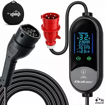 Qoltec mobilais elektromobiļu lādētājs elektriskajiem un hibrīdauto, 2-in-1 regulēšana, Type 2, 7 kW, 230 V, CEE 32 A, LED, 5 m