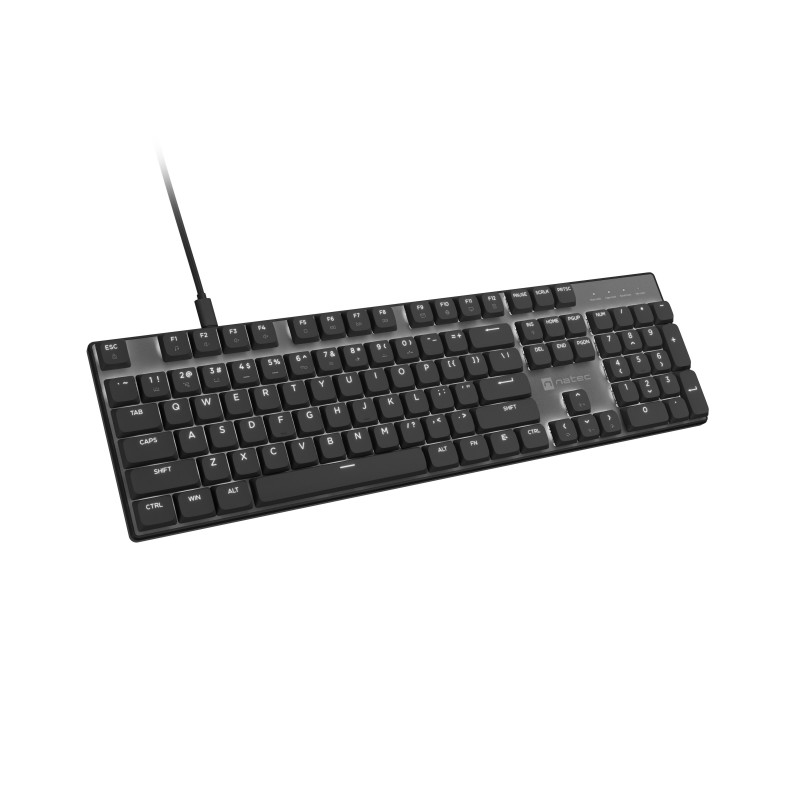 Natec Amberjack vadu tastatūra, US izkārtojums, lineāri karstmaiņas slēdži, balts fona apgaismojums, anti-ghosting, makro ierakstīšana, melna/pelēka (NKL-2391)