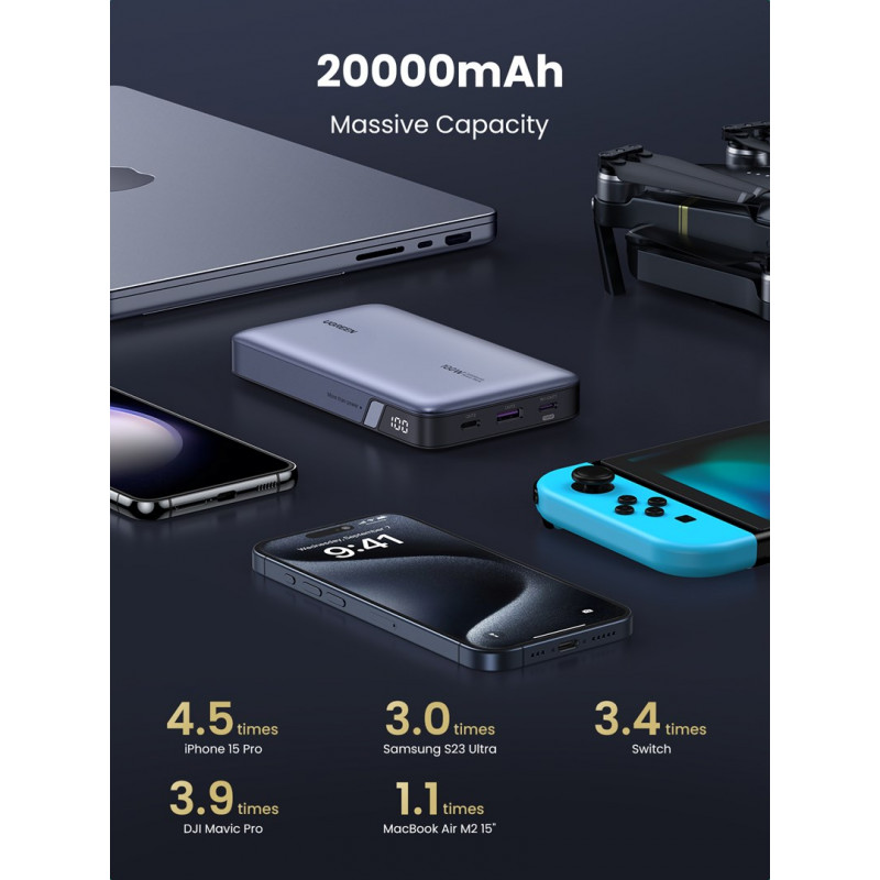 Ugreen PB720 ārējais akumulators 20000 mAh, pelēks